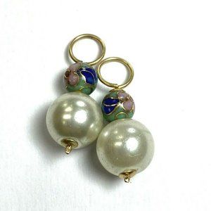 14k Yellow Gold Oriental Teal With Pink Floral Cloissone Pearl Earring Charms